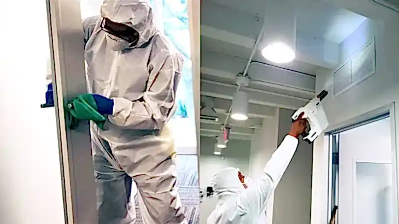 Une équipe de Clean All Eco nettoyant une maison à Tanger. Produits de nettoyage écologiques utilisés par Clean All Eco à Tanger. Un professionnel de Clean All Eco désinfectant un bureau à Tanger.